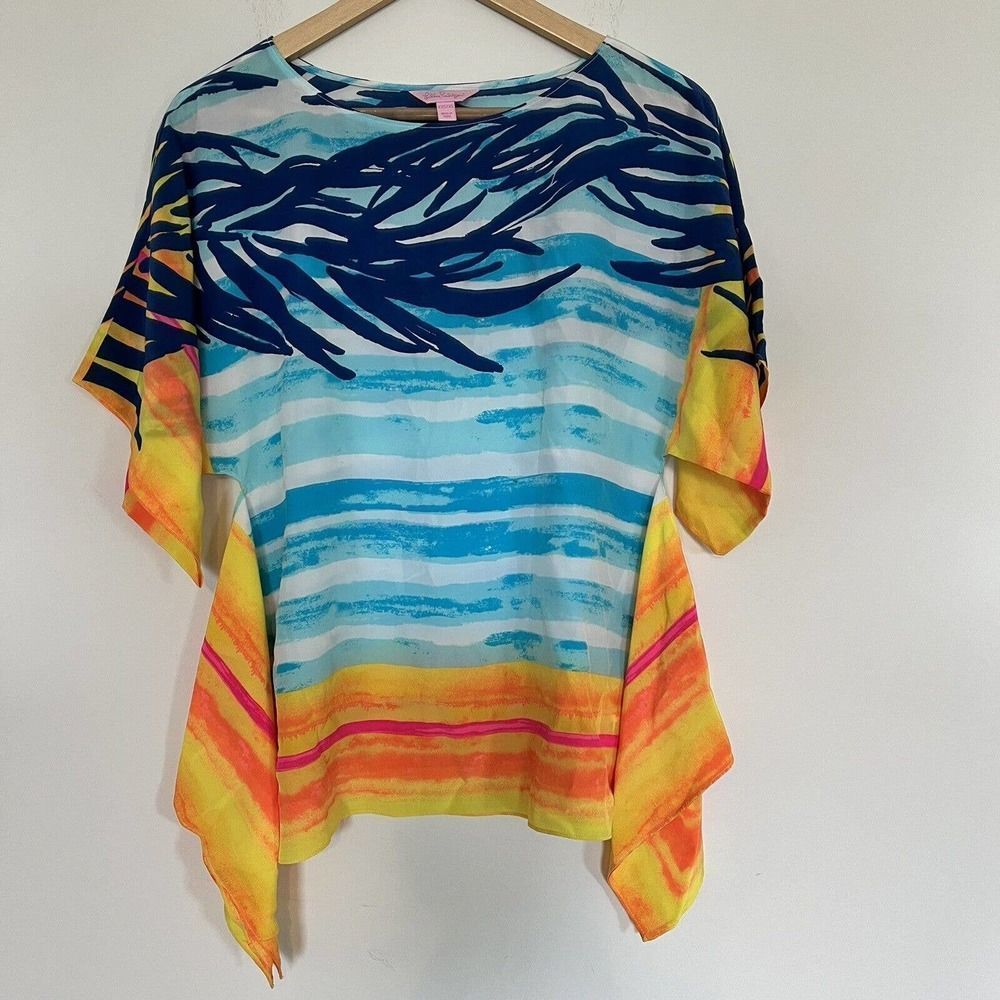 Lilly Pulitzer ROWAN 100% SILK CAFTAN TOP Blue Crush Sunset‎ Womens Size XXS/XS
